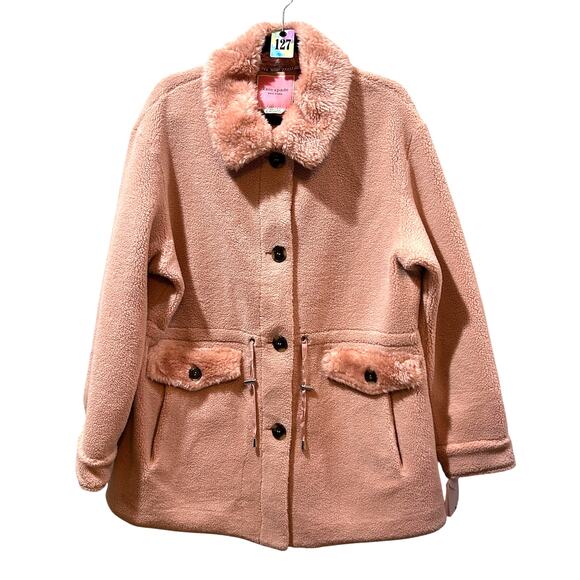 Kate Spade Faux Fur Anorak Button Front Coat Peony Women XL NWT Preppy - Picture 3 of 10
